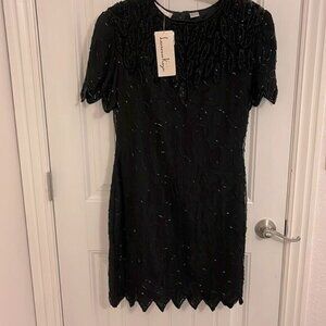 NWT Vtg. LAWRENCE KAZAR BLACK beaded handmade short sleeve SILK DRESS women’s  L